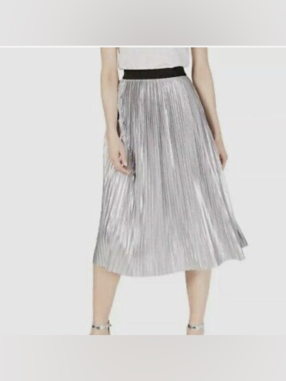 INC Silver Metallic Pleated Midi Skirt Black Waistband  Plus Size 2X NWT